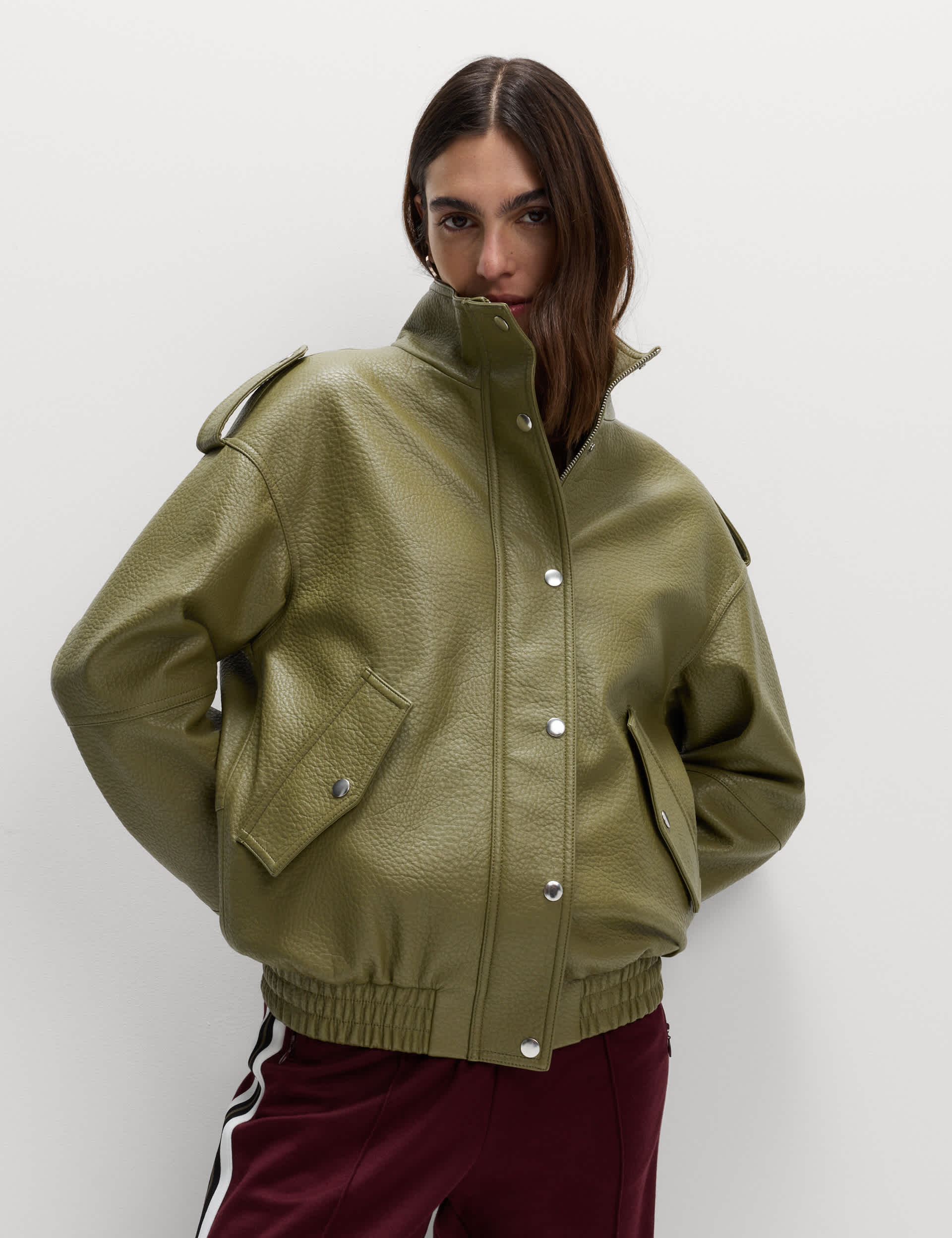 Faux Leather Textured Longline Bomber Jacket
