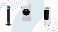 three of the best air coolers from Honeywell, Dreo and Morphy Richards on a blue background with circles on it