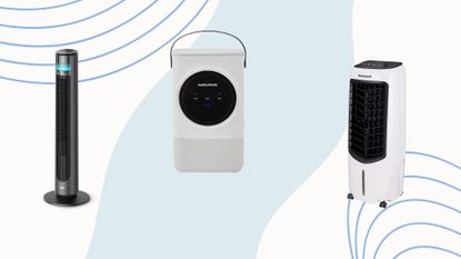 three of the best air coolers from Honeywell, Dreo and Morphy Richards on a blue background with circles on it