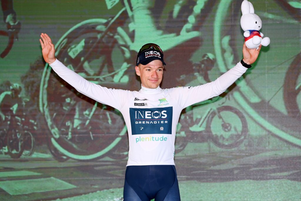 UTRECHT NETHERLANDS AUGUST 19 Ethan Hayter of United Kingdom and Team INEOS Grenadiers celebrates winning the White Best Young Jersey on the podium ceremony after during the 77th Tour of Spain 2022 Stage 1 a 233km team time trial in Utrecht LaVuelta22 WorldTour on August 19 2022 in Utrecht Netherlands Photo by Tim de WaeleGetty Images