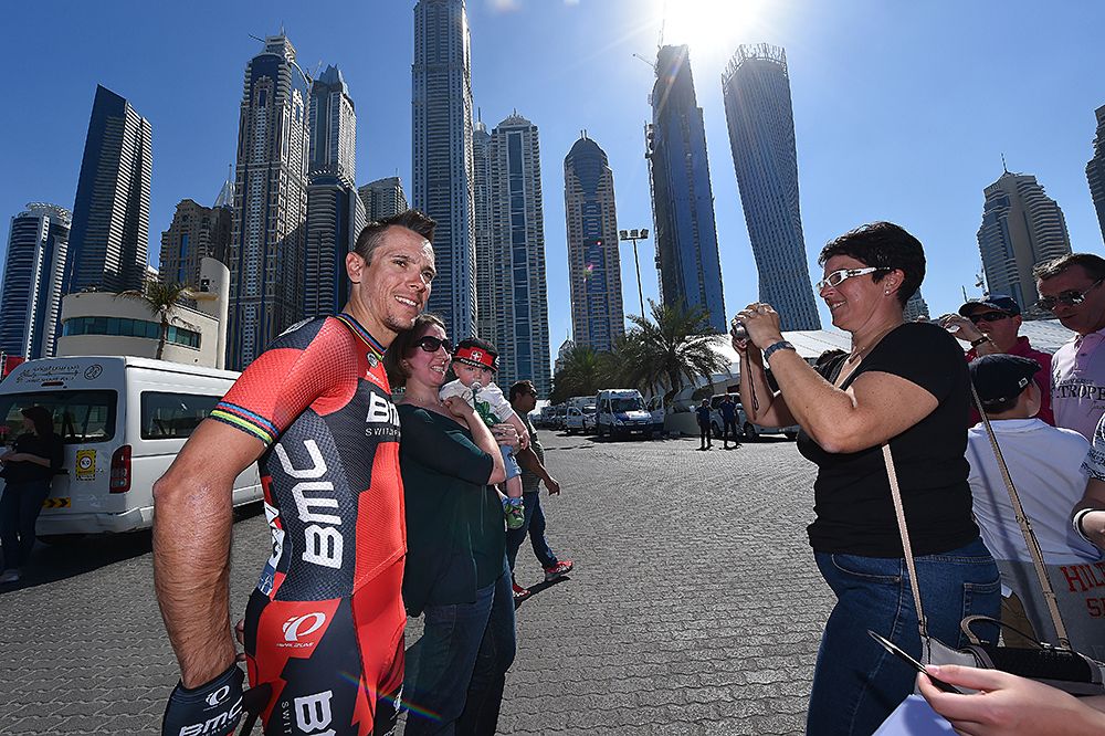 Philippe Gilbert (BMC) takes photos with fans at the Dubai Tour