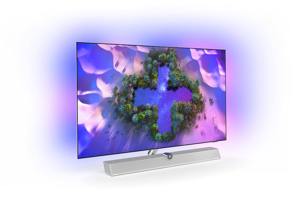 The new Philips OLED+936 TV with purple scenery on the screen