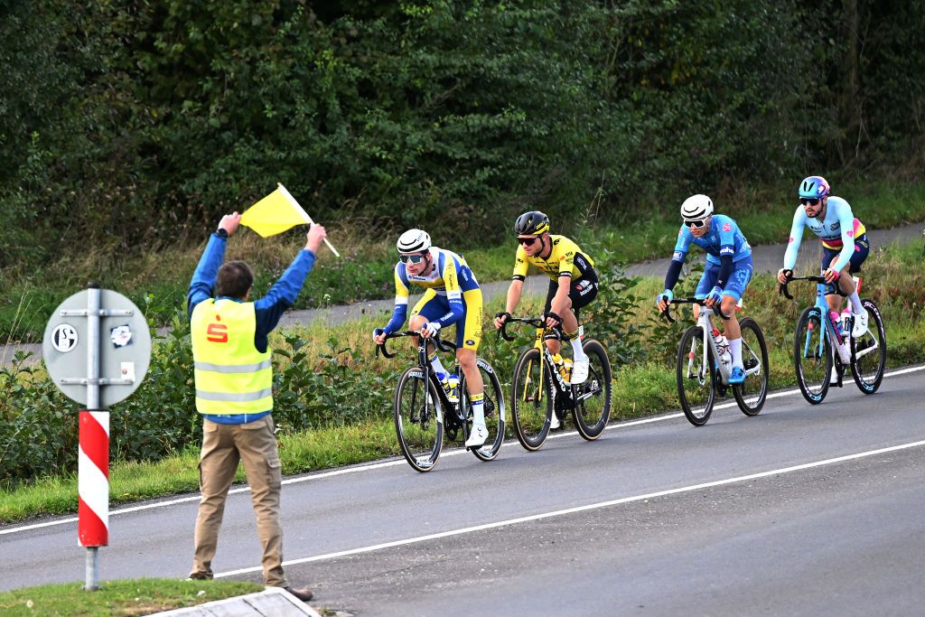 MUNSTER GERMANY OCTOBER 03 LR Arno Claeys of Belgium and Team Flanders Baloise Tosh Van Der Sande of Belgium and Team Visma Lease a Bike Jarno Grixa of Germany and Team PS Metalltechnik Benotti and Adrien Maire of France and TDT Unibet Cycling Team compete in the breakaway during the 18th Sparkassen Mnsterland Giro 2024 a 202km one day race from Haltern Am See to Munster on October 03 2024 in Munster Germany Photo by Christian KasparBartkeGetty Images