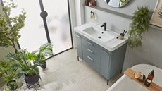 A bathroom vanity unit in a bathroom with plants