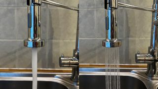 On the left, the Fohen Flex's tap pours in a single stream, on the right it is shown in a spray mode