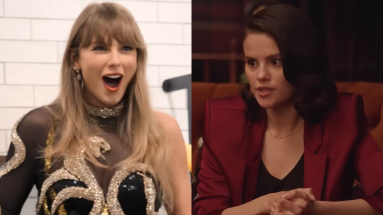 From left to right: Taylor Swift in happy shock in The End of an Era and Selena Gomez talking in Only Murders in the Building. 