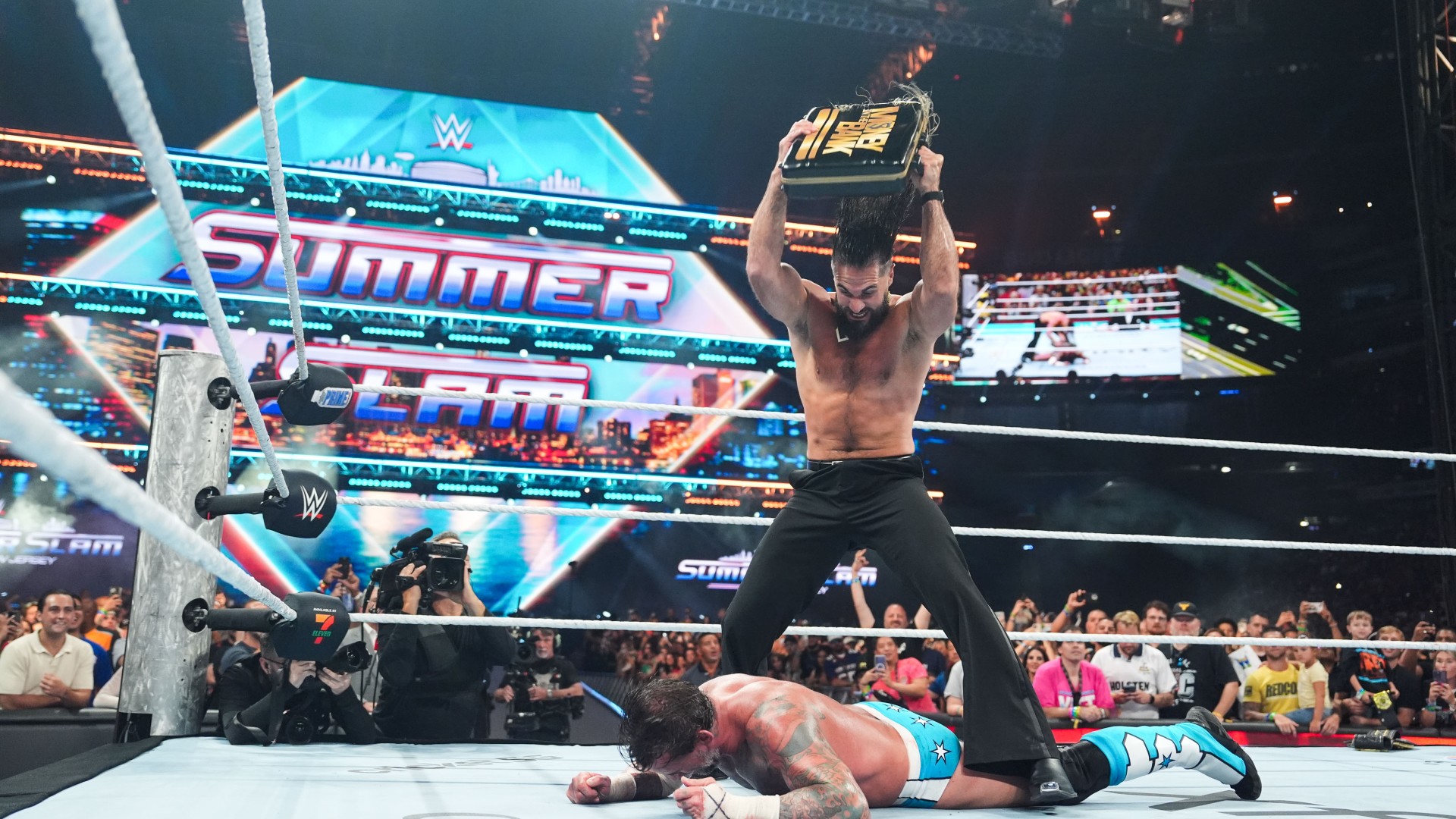Seth Rollins in action against CM Punk during WWE SummerSlam
