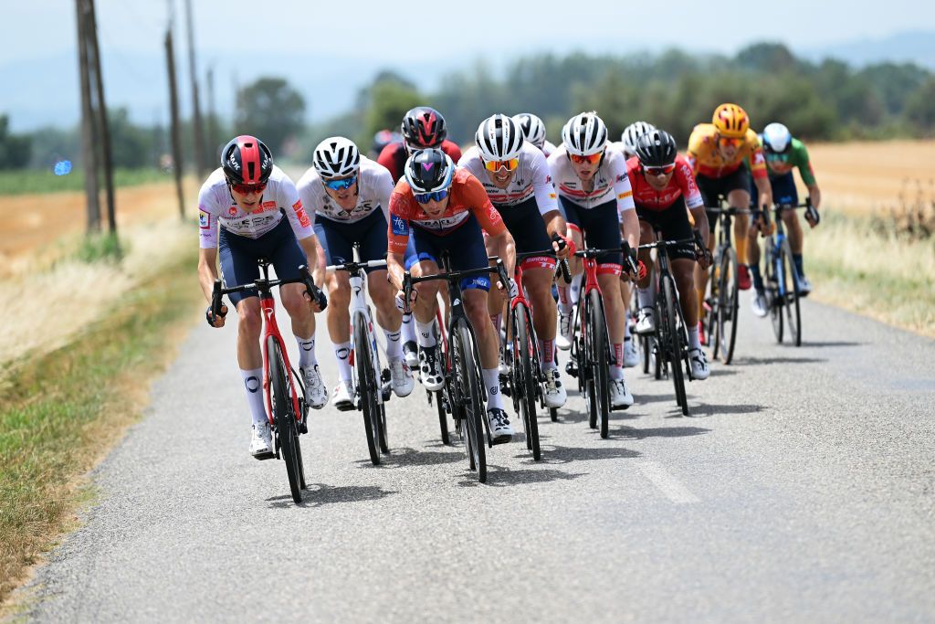 AUTERIVE FRANCE JUNE 19 LR Carlos Rodriguez Cano of Spain and Team INEOS Grenadiers white best young jersey Michael Woods of Canada and Team Israel Premier Tech Red Leader Jersey Matteo Moschetti of Italy and Team Trek Segafredo Jensen Mattias Skjelmose of Denmark and Team Trek Segafredo compete during the 46th La Route dOccitanie La Depeche du Midi 2022 Stage 4 a 1883km stage from Les Angles to Auterive RDO2022 on June 19 2022 in Auterive France Photo by Dario BelingheriGetty Images