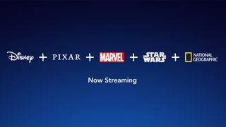 Disney Plus logos of all brands on the service against a blue background, with 'now streaming' below