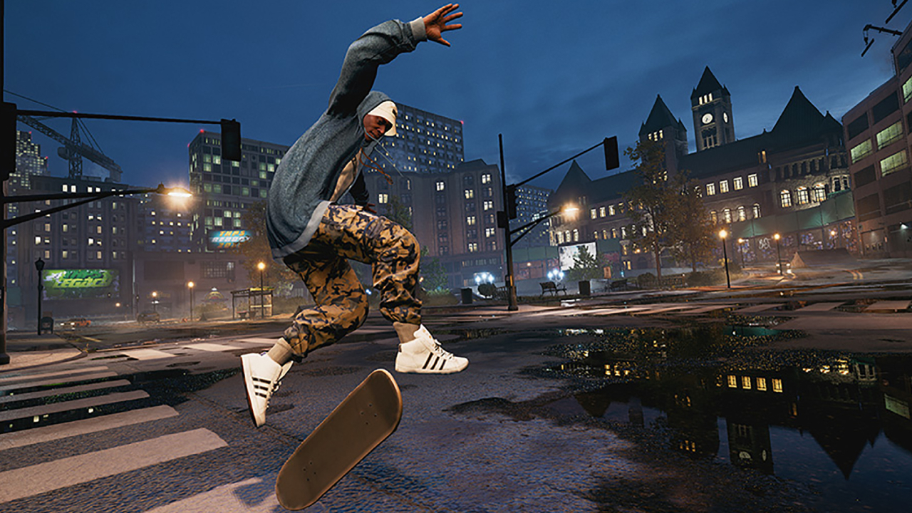 A skateboarder performs a kickflip in Tony Hawk's Pro Skater 1 + 2 remaster for Nintendo Switch