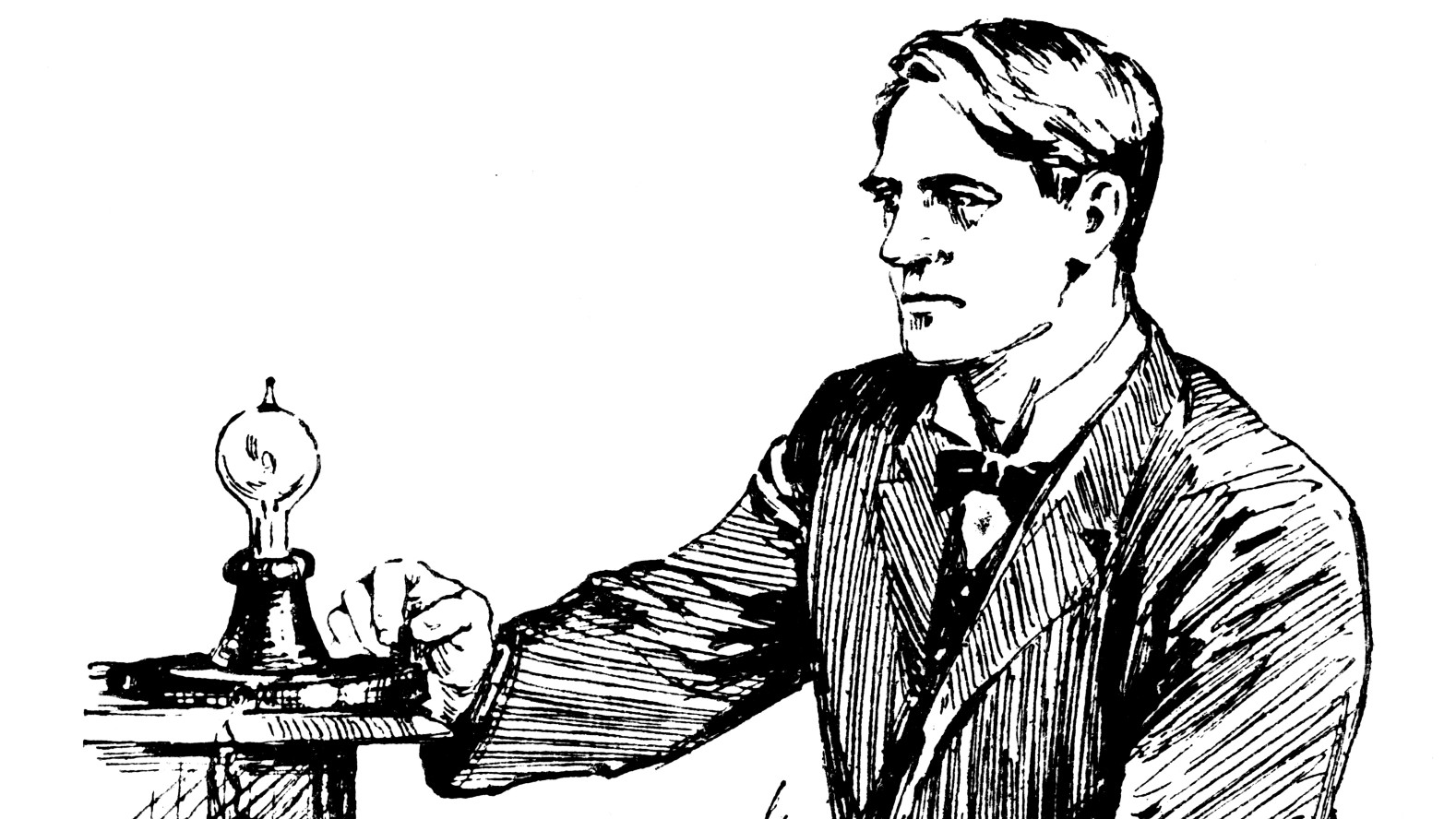 رسم توضيحي يظهر توماس إديسون مع مصباح