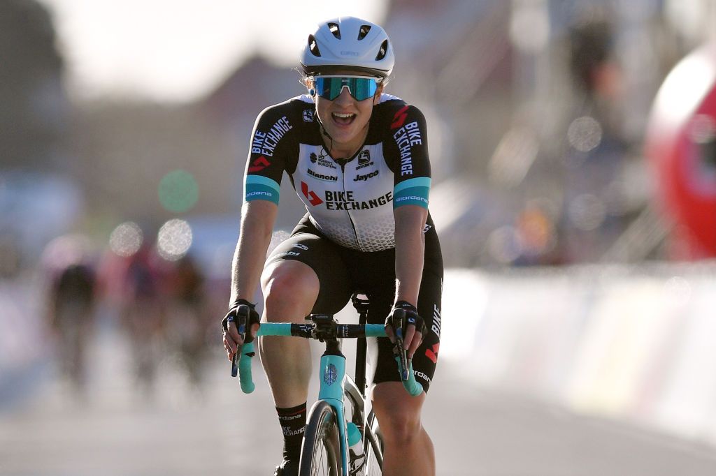 DE PANNE BELGIUM MARCH 25 Arrival Grace Brown of Australia and Team BikeExchange Celebration during the 4th Oxyclean Brugge De Panne 2021 Women Classic a 1588km race from Brugge to De Panne OxycleanClassic UCIWWT on March 25 2021 in De Panne Belgium Photo by Luc ClaessenGetty Images