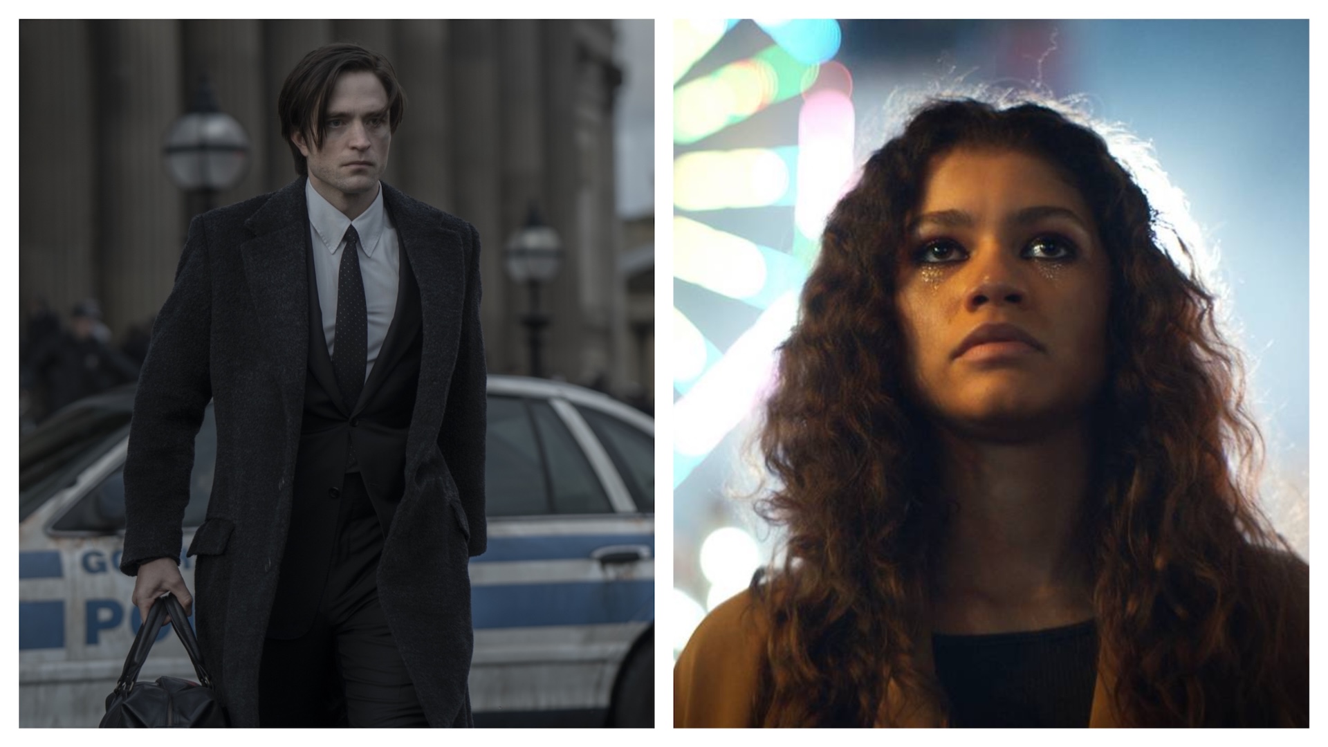 Robert Pattinson and Zendaya as they appear in The Batman and in Euphoria 