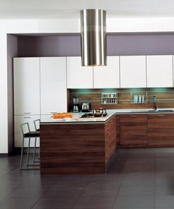 walnut kitchen with mixes walnut melamine bases with wall units in white laquer