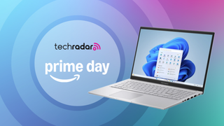 Asus Vivobook on a rainbow background next to a TechRadar badge reading 'Prime Day'