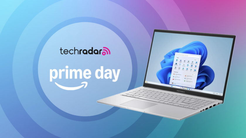 Asus Vivobook on a rainbow background next to a TechRadar badge reading 'Prime Day'