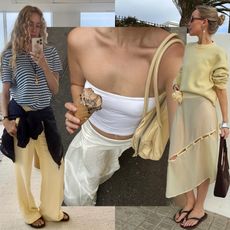 fashion collage featuring influencers and fashion creatives including Olympia Gayot, Jordan Risa, and Chloe Butler wearing chic summer outfits with butter-yellow pieces like linen pants, a shoulder bag, crewneck sweater, and skirt
