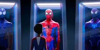 Miles Morales checking out the Spider-Man suits in Into The Spider-Verse