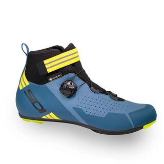 Sidi Nix winter cycling boot in blue with yellow details on a white background