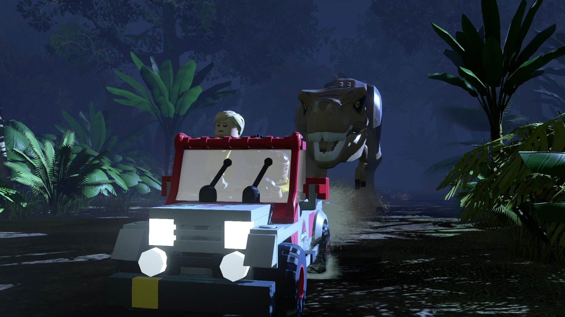 A T-rex cashing down a car during one of the best Jurassic Park games, Lego Jurassic World