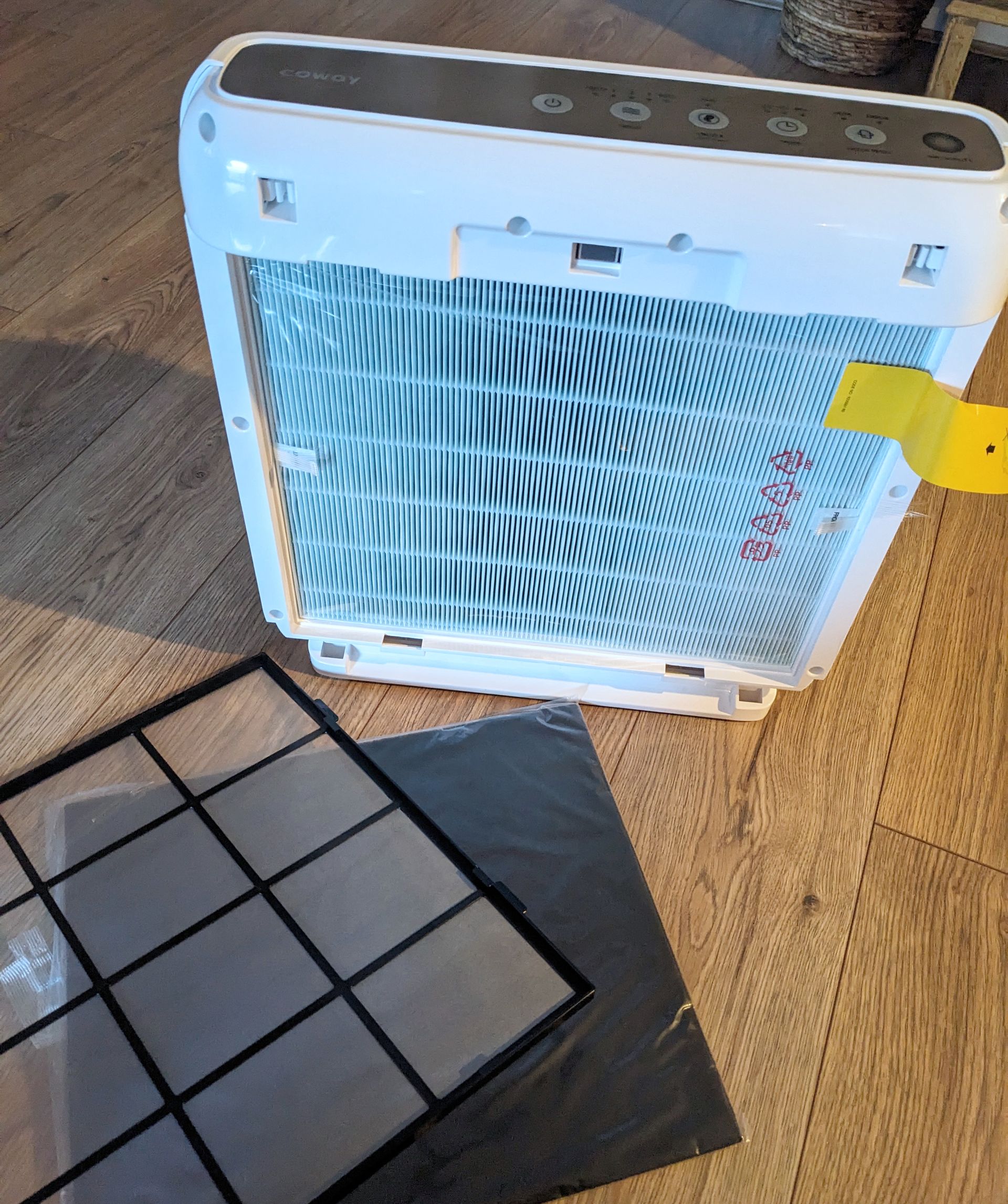 Coway Airmega Mighty Air purifier with its filters removed on wooden floor in Gabriella Dyson's home