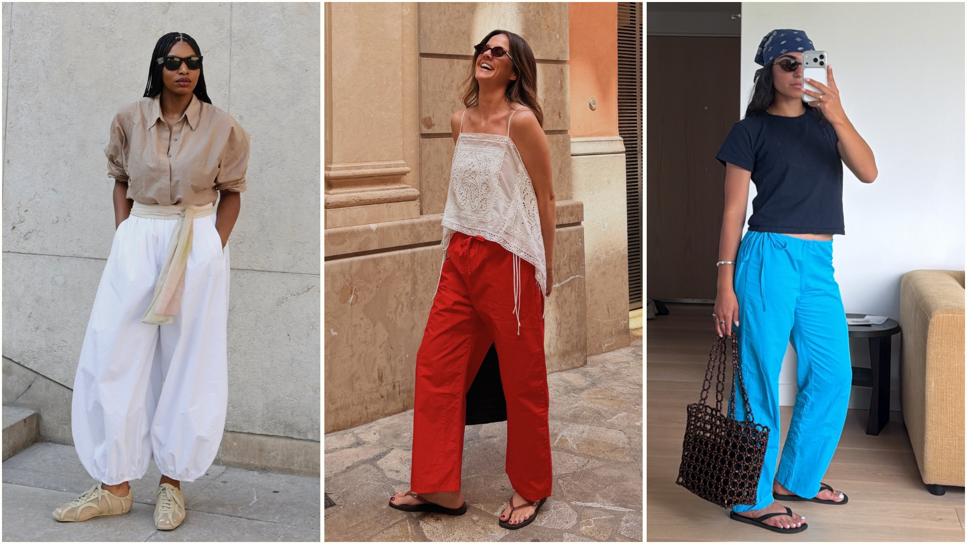 Three images of influencers wearing cotton poplin trousers including white balloon, red and tie-waist trousers