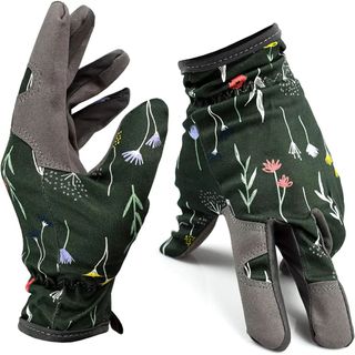BIGTREE Gardening Gloves Fingertip Grips Lawn Yard Garden Work Gloves Floral Pattern Green