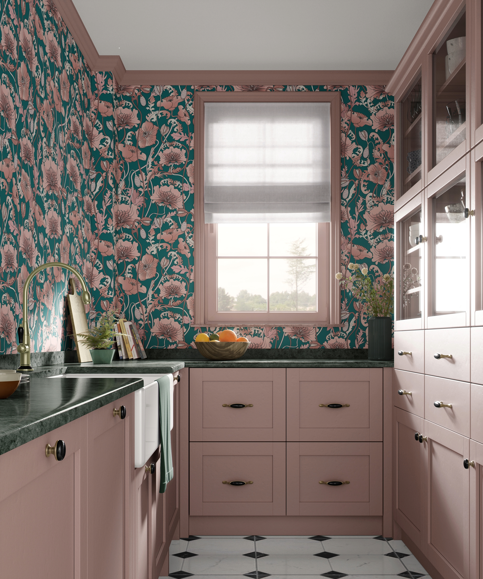 Kitchen with pink cabinets and pink and blue patterned wallpaper