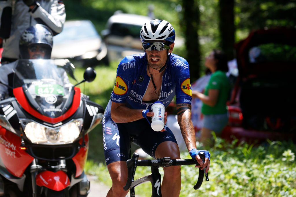 QUILLAN FRANCE JULY 10 Mattia Cattaneo of Italy and Team Deceuninck QuickStep in the Breakaway during the 108th Tour de France 2021 Stage 14 a 1837km stage from Carcassonne to Quillan Refreshment Feeding Tacx bottle LeTour TDF2021 on July 10 2021 in Quillan France Photo by Chris GraythenGetty Images