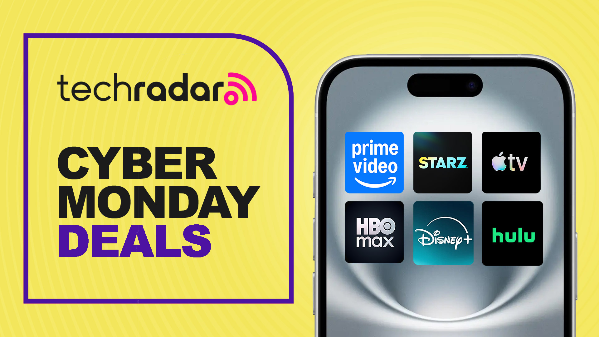 A phone with logos for many streaming services, including Prime Video, Apple TV, Hulu and HBO Max, with a sign saying Cyber Monday deals