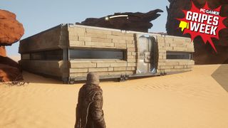 A player house in Dune Awakening with a flat roof, foor same-sized walls, and a single door. 