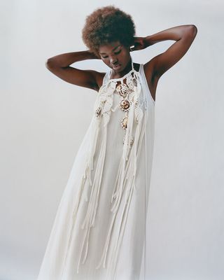 White Chloe dress with upcycled shell necklace