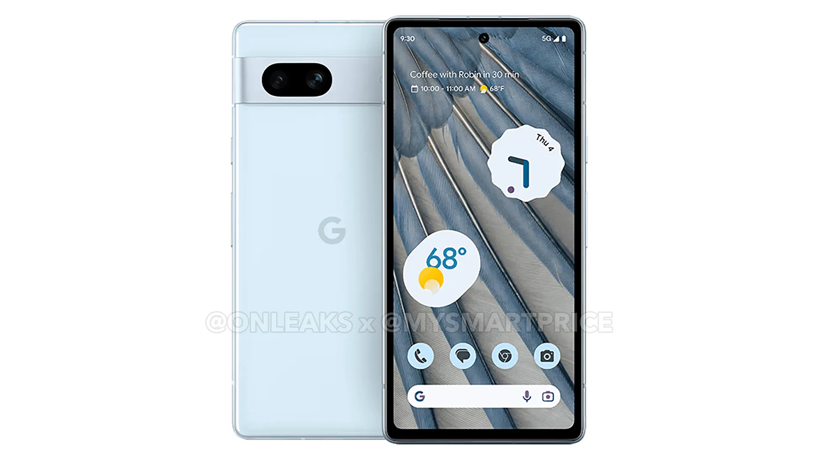 A leaked image of the Google Pixel 7a front and back in light blue