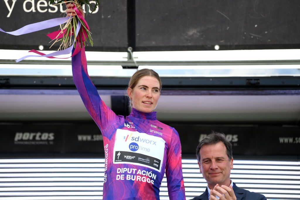 ALTO DE ROSALES SPAIN MAY 17 Demi Vollering of The Netherlands and Team SD Worx Protime celebrates at podium as Purple Leader Jersey winner during the the 9th Vuelta a Burgos Feminas 2024 Stage 2 a 123km stage from Briviesca to Alto de Rosales 790m on UCIWWT May 17 2024 in Alto de Rosales Spain Photo by Alex BroadwayGetty Images