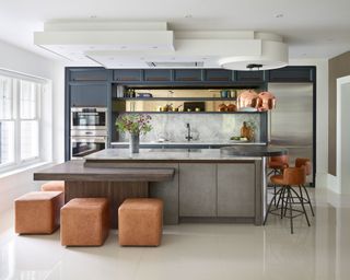 Large modern kitchen, leather stools, bar stools, tiered kitchen island