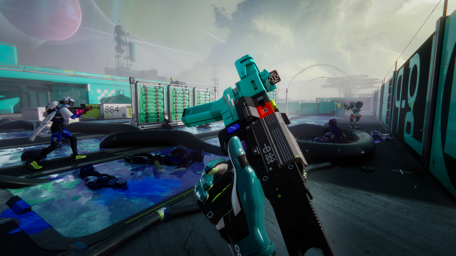 Marathon player inspecting gun