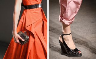 Side by side photos - close ups of fashion accessories worn by models. Left: a clutch handbag; right: high heel shoes.
