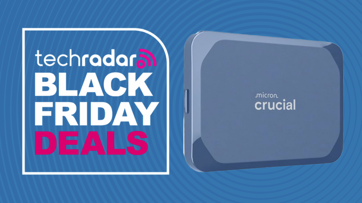 A Crucial X10 SSD on a blue background next to a TechRadar badge reading 'Black Friday deals'