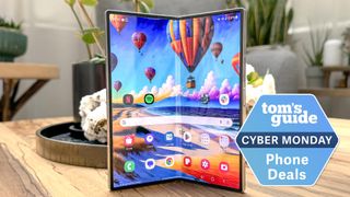 The inner display of the Samsung Galaxy Z Fold 6 with a Tom's Guide Cyber Monday Phone Deals badge