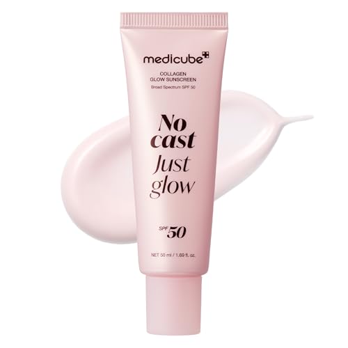 Medicube No Cast Just Glow Collagen Sunscreen | Spf 50 Broad Spectrum Face Sunscreen | Lightweight, Non-Sticky, Hydrating Formula | Peptide, Cica for Soothing &amp;amp; Glow | Korean Skincare