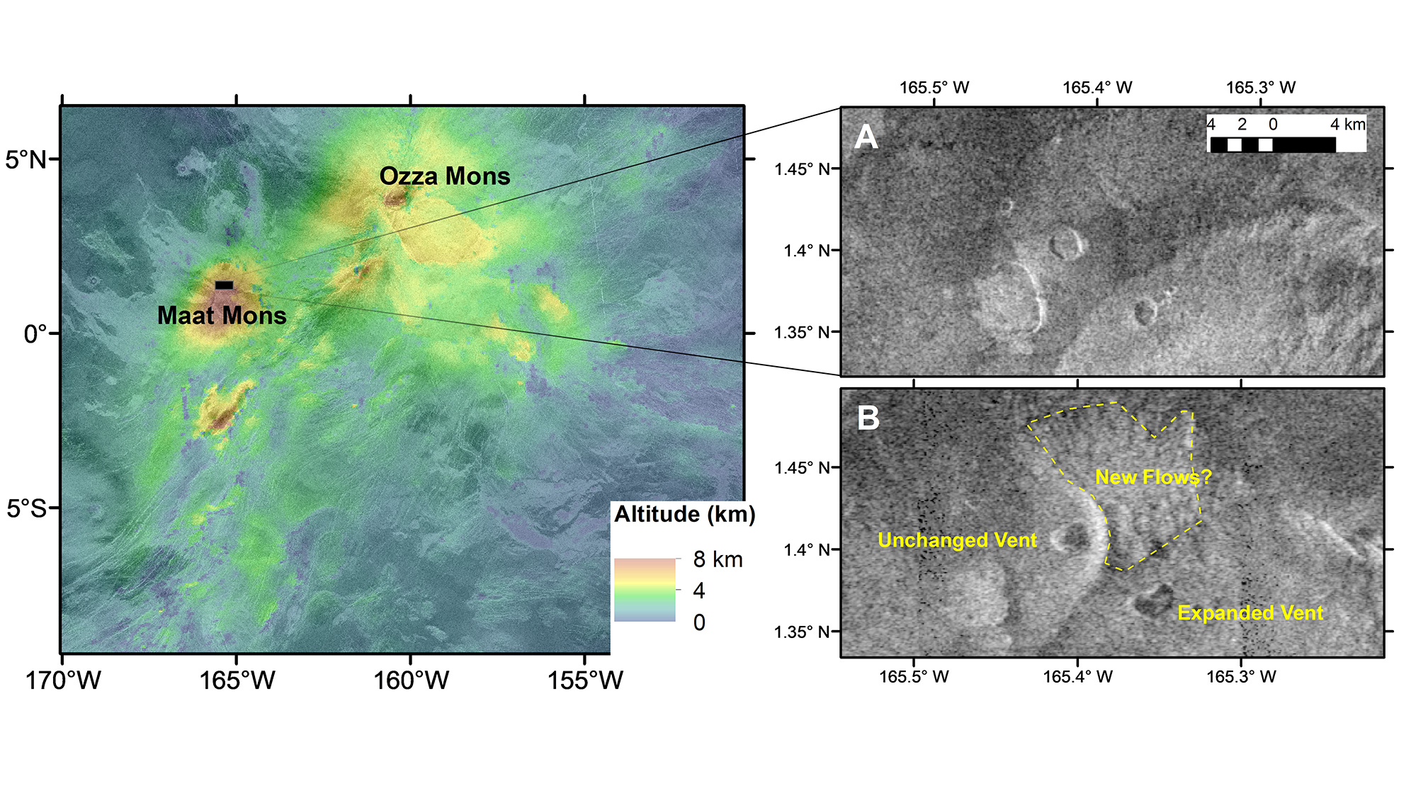 Elevation data for the Maat and Ozza Mons region on Venus' surface is shown at left, with the study area indicated by the black box.  At right are the Magellanic observations before (A) and after (B) the expanded vent at Maat Mons with possible new lava flows after an eruptive event.