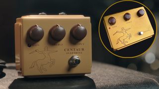 A composite photo showing the Behringer Centaur pedal and, inset, the original Klon Centaur