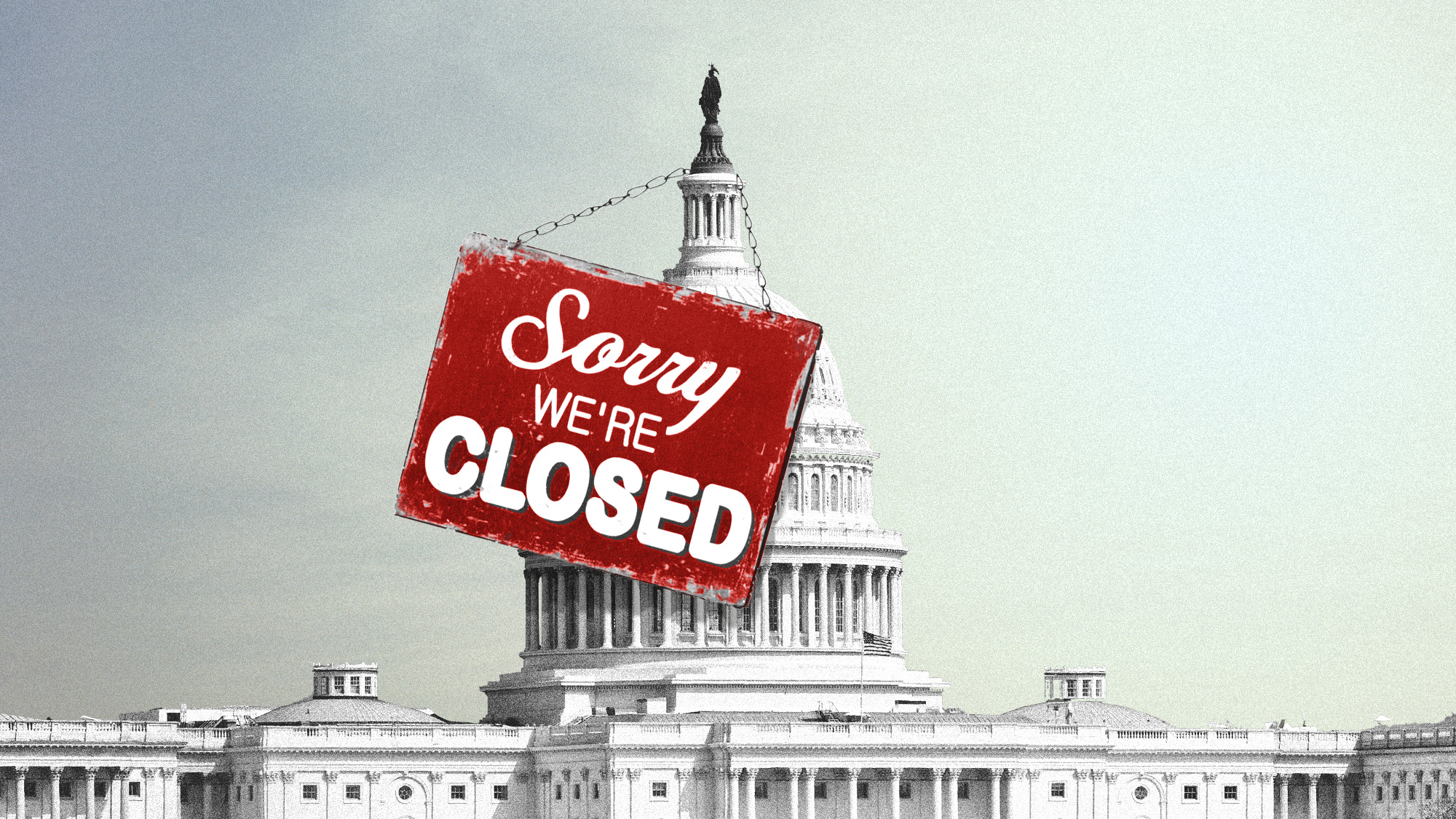 Photo collage of a "Sorry, we're closed" sign hanging over Capitol Hill