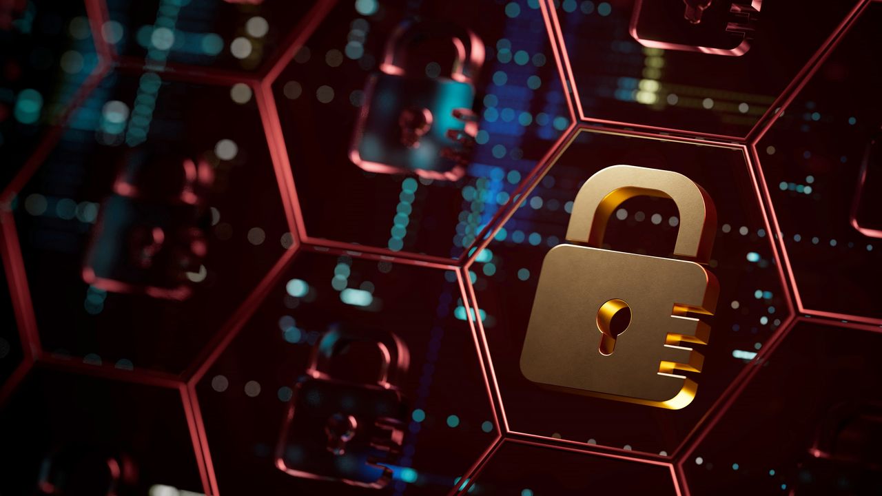 A digital padlock against a digital background.