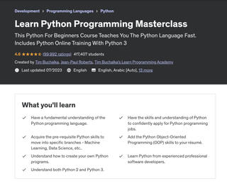 A screenshot of the Udemy website advertising the 'Learn Python Programming Masterclass' course