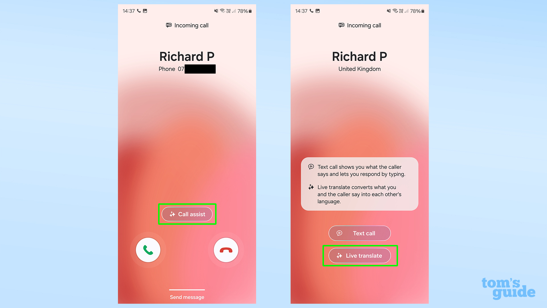 Enabling Live translate for an incoming call on Samsung Galaxy S24