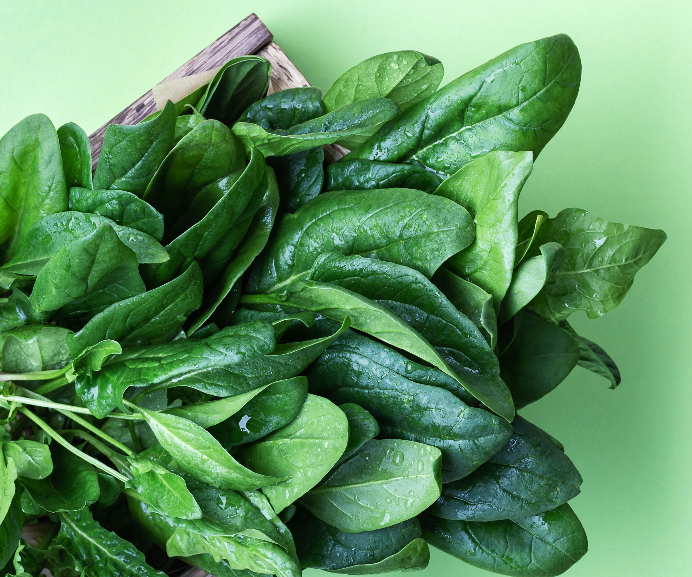 green spinach leaves in basket on green table