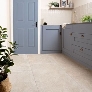 Tile Mountain blue kitchen with light flooring