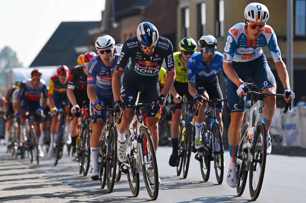 KOOLSKAMP BELGIUM SEPTEMBER 20 LR Nico Denz of Germany and Team Red Bull BORA Hansgrohe and Julius Van Den Berg of The Netherlands and Team dsmFirmenich PostNl compete during the 108th Kampioenschap van Vlaanderen 2024 a 1802km one day race from Koolskamp to Koolskamp on September 20 2024 in Koolskamp Belgium Photo by Luc ClaessenGetty Images