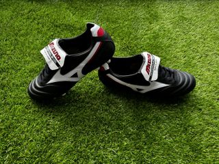 Mizuno Morelia 2 Made in Japan black and white football boots shot on green astro turf